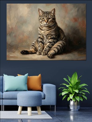 Tablomega Masada Oturan Tombul Tekir Kedi Dekoratif Kanvas - Mdf Ahşap Tablo