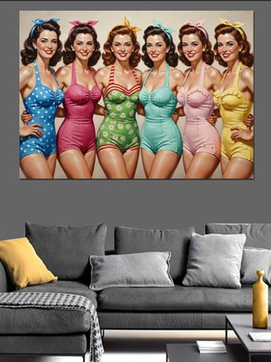 Tablomega Sahilde Poz Veren Retro Kadınlar Dekoratif Kanvas - Mdf Ahşap Tablo