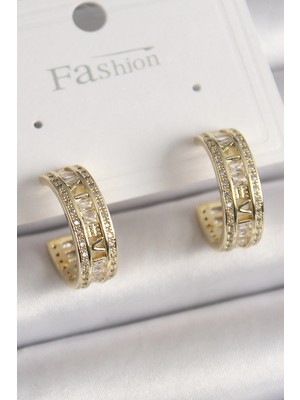 Mey Ithalat® Pirinç Gold Renk Zirkon Taşlı Işleme Detay Halka Model Kadın Küpe