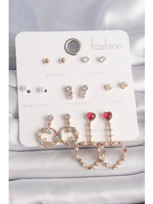 Mey Ithalat® Pirinç Gold Renk Zirkon Taşlı Sallantı Kalp Figür 7 Çift Kadın Küpe Seti