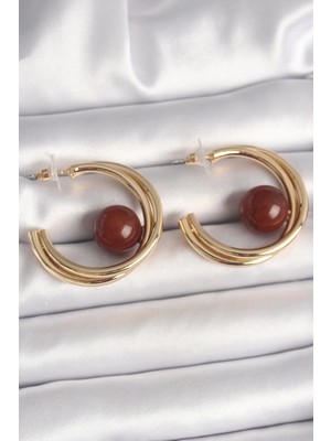 Mey Ithalat® Pirinç Gold Renk Halka Model Kahverengi Boncuk Detay Kadın Küpe