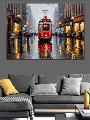 Artmeg Yağmurlu Günde  Klasik Kırmızı Tramvay Dekoratif Kanvas - Mdf Ahşap Tablo
