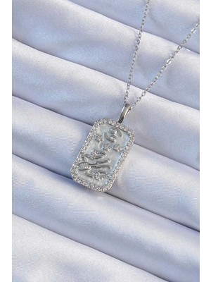 Mey Ithalat® 316L Çelik Zincir Gümüş Renk Zirkon Taşlı Çerçeveli Tarot Kolye