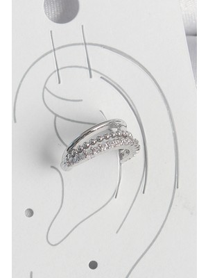 Mey Ithalat® Pirinç Gümüş Renk Zirkon Taşlı 3'lü Sıralı Kadın Kıkırdak Küpe