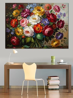 Tablomega Klasik Vazoda Renkli Çiçek Buketi Dekoratif Kanvas - Mdf Ahşap Tablo