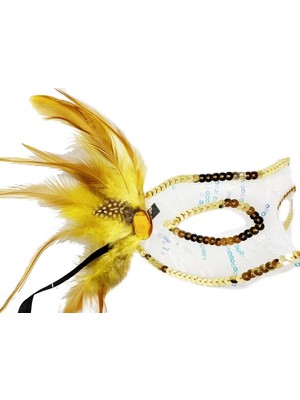 Mey Ithalat® Altın Renk Yandan Tüylü Pul Payet Işlemeli Parti Maskesi 23X12 cm