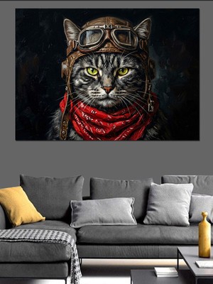 Artmeg Kasklı  Karizmatik Kedi Dekoratif Kanvas - Mdf Ahşap Tablo