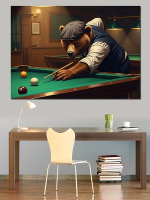 Tablomega Bilardo Oynayan Ciddi Ayı Figürü Dekoratif Kanvas - Mdf Ahşap Tablo