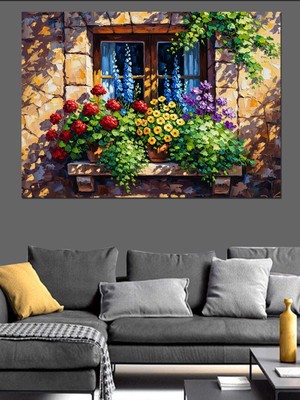 Artmeg Pencere Önünde Saksıda Bahar Çiçekleri Dekoratif Kanvas - Mdf Ahşap Tablo