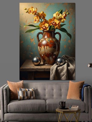 Tablomega Vazoda Sarı Çiçekler Natürmort Dekoratif Kanvas - Mdf Ahşap Tablo