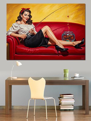 Artmeg Kırmızı Koltukta Uzanan Pin-Up Kadın Dekoratif Kanvas - Mdf Ahşap Tablo