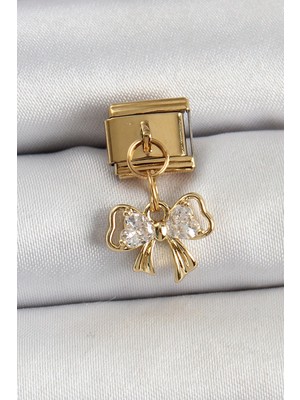 Mey Ithalat® 316L Çelik Sallantılı Zirkon Taşlı Fiyonk Model Gold Renk Nomination Charm