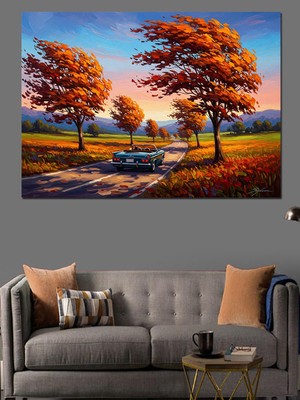 Tablomega Sonbahar Işığında Yol ve Klasik Araba Dekoratif Kanvas - Mdf Ahşap Tablo