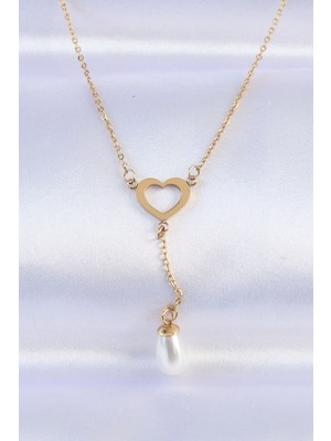 Mey Ithalat® 316L Çelik Zincir Gold Renk Inci Taş Detay Kalp Kolye