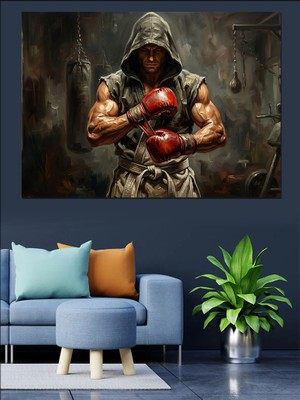Tablomega Boks Eldivenli Güçlü Erkek Sporcu Dekoratif Kanvas - Mdf Ahşap Tablo