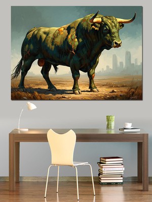 Artmeg Şehir Meydanındaki Güçlü Boğa Figürü Dekoratif Kanvas - Mdf Ahşap Tablo