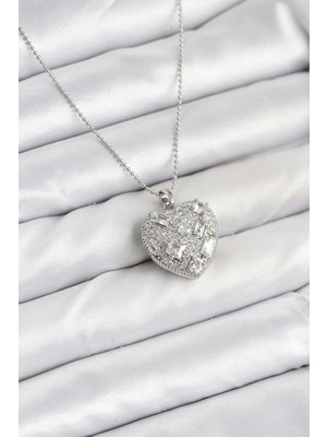 Mey Ithalat® 316L Çelik Zincir Gümüş Zirkon Taşlı Kalpli Kadın Kolye