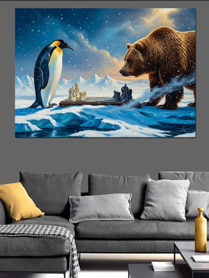 Tablomega Buzullar Üzerinde Ayı ve Penguen Dekoratif Kanvas - Mdf Ahşap Tablo