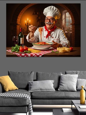 Artmeg Spagetti Yiyen Mutlu Italyan Şef Dekoratif Kanvas - Mdf Ahşap Tablo