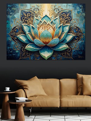 Artmeg Altın Işıltılı Büyük Mistik Lotus Dekoratif Kanvas - Mdf Ahşap Tablo