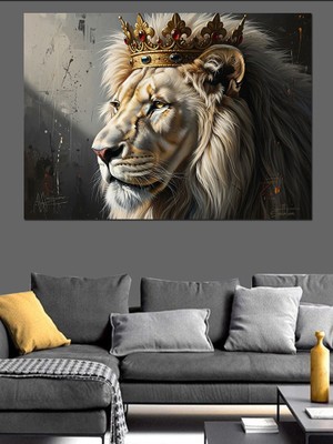 Tablomega Tahtında Oturan Taçlı Aslan Kral Dekoratif Kanvas - Mdf Ahşap Tablo