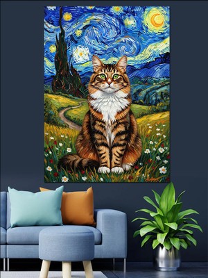 Artmeg Van Gogh Tarzı Yıldızlı Gece ve Kedi Dekoratif Kanvas - Mdf Ahşap Tablo