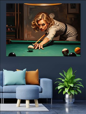 Tablomega Bilardo Oynayan Odaklanmış Genç Kadın Dekoratif Kanvas - Mdf Ahşap Tablo