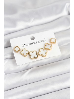 Mey Ithalat® 316L Çelik Gold Beyaz Renk 3 Boy Yonca Küpe Seti