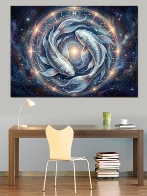 Artmeg Galaksi Içinde Iki Balık Sembolü Dekoratif Kanvas - Mdf Ahşap Tablo