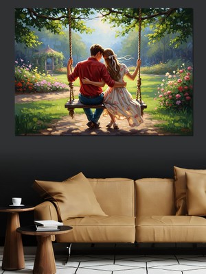 Artmeg Ağaçta Sallanan Mutlu Aşık Çift Dekoratif Kanvas - Mdf Ahşap Tablo