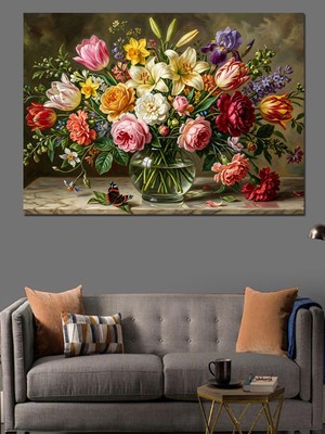 Tablomega Vazoda Zengin Bahar Çiçekleri Buketi Dekoratif Kanvas - Mdf Ahşap Tablo