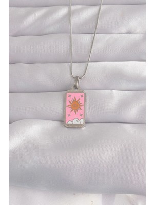 Mey Ithalat® 316L Çelik Gümüş Renk Pembe Mineli Güneş Model Tarot Kolye