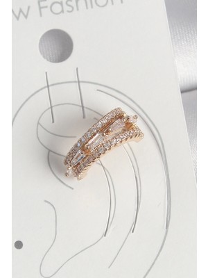 Mey Ithalat® Pirinç Gold Renk Zirkon Taşlı 3'lü Sıralı Model Kadın Kıkırdak Küpe