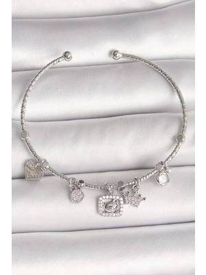 Mey Ithalat® Pirinç Gümüş Renk Sallantı Zirkon Taşlı Ayıcık Figür Taç Detay Charm Kadın Bileklik