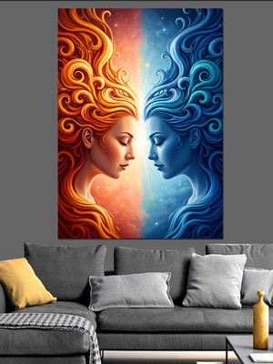 Artmeg Ateş ve Su Kadın Yüzleri Dekoratif Kanvas - Mdf Ahşap Tablo