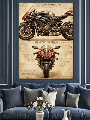 Tablomega Klasik Motosiklet Tasarımı ve Eskiz Dekoratif Kanvas - Mdf Ahşap Tablo