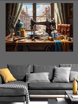 Artmeg Antika Dikiş Makinesi Pencere Önü Dekoratif Kanvas - Mdf Ahşap Tablo