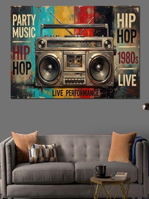 Tablomega Retro Boombox Teyp ve Müzik Dekoratif Kanvas - Mdf Ahşap Tablo