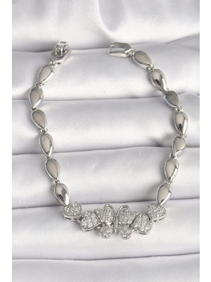 Mey Ithalat® Pirinç Gümüş Renk Zirkon Taşlı Kelebek Figür Damla Zincir Model Kadın Bileklik