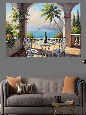 Artmeg Deniz Manzaralı Şık Kahvaltı Masası Dekoratif Kanvas - Mdf Ahşap Tablo