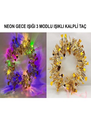 Mey Ithalat® Kalp Püsküllü Gece Parıltısı 3 Modlu LED Li Işıklı Taç Altın Renk