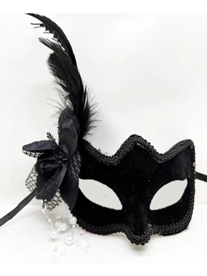 Mey Ithalat® Siyah Renk Yandan Tüylü Beyaz Incili Süet Kaplama  Lü Parti Maskesi 20X23 cm