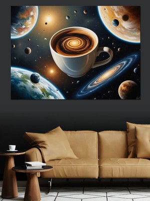 Artmeg Uzayda Kahve Keyfi Astronomi Tablo Dekoratif Kanvas - Mdf Ahşap Tablo