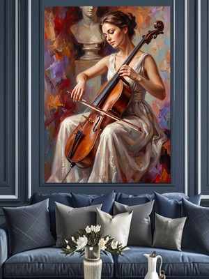 Artmeg Çello Çalan Beyaz Elbiseli Kadın Dekoratif Kanvas - Mdf Ahşap Tablo