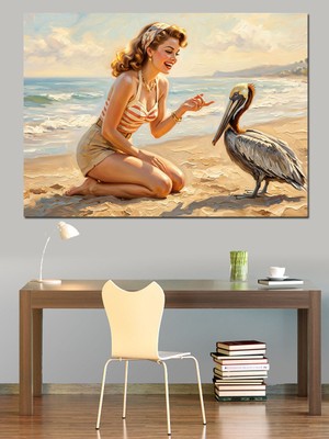 Tablomega Sahilde Pelikanla Tanışan Vintage Kadın Dekoratif Kanvas - Mdf Ahşap Tablo