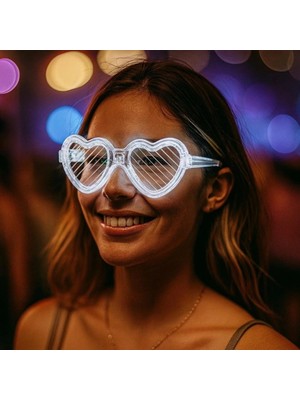 Mey Ithalat® Beyaz LED Işıklı Kalp Gözlük – 3 Modlu Parti