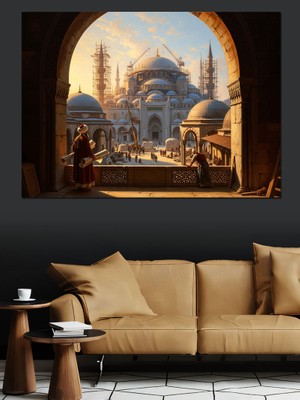Artmeg Pencereden Camii ve Şehir Manzarası Dekoratif Kanvas - Mdf Ahşap Tablo