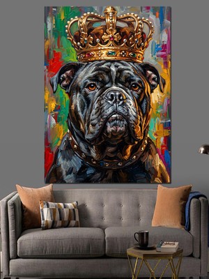 Tablomega Altın Taçlı Karizmatik Bulldog Portresi Dekoratif Kanvas - Mdf Ahşap Tablo