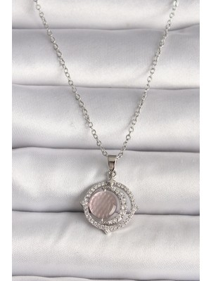 Mey Ithalat® 316L Çelik Gümüş Renk Zirkon Taşlı Pembe Sedefli Hilal Model Kadın Kolye