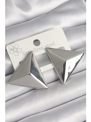 Mey Ithalat® Pirinç Gümüş Renk 3D Üçgen Model Kadın Küpe